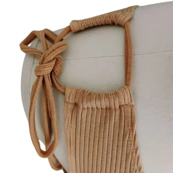 Aerie Tank Top Women's Cropped One Shoulder Tie Ribbed Playful Boho Beige XL - Picture 5 of 9